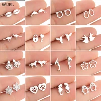 golden korean minimalist stainless steel animal stud earrings for women fashion 2022 jewelry dog paw rabbit cat key studs gift