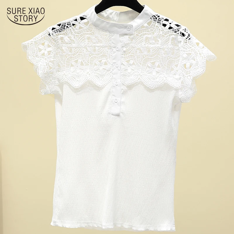 

Шифоновая рубашка с коротким рукавом, женский топ для отдыха, Летняя ажурная кружевная нижняя рубашка, женская модная женская блузка, рубашки для женщин 15545