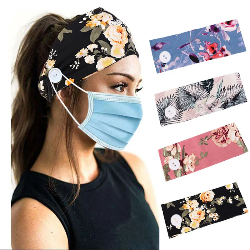 

Hot! Headband Women Printed Flower Mask Buttons Hair Band Accessories Ladies Turban Elasticity Sport Bandeau Scrunchie Headwear