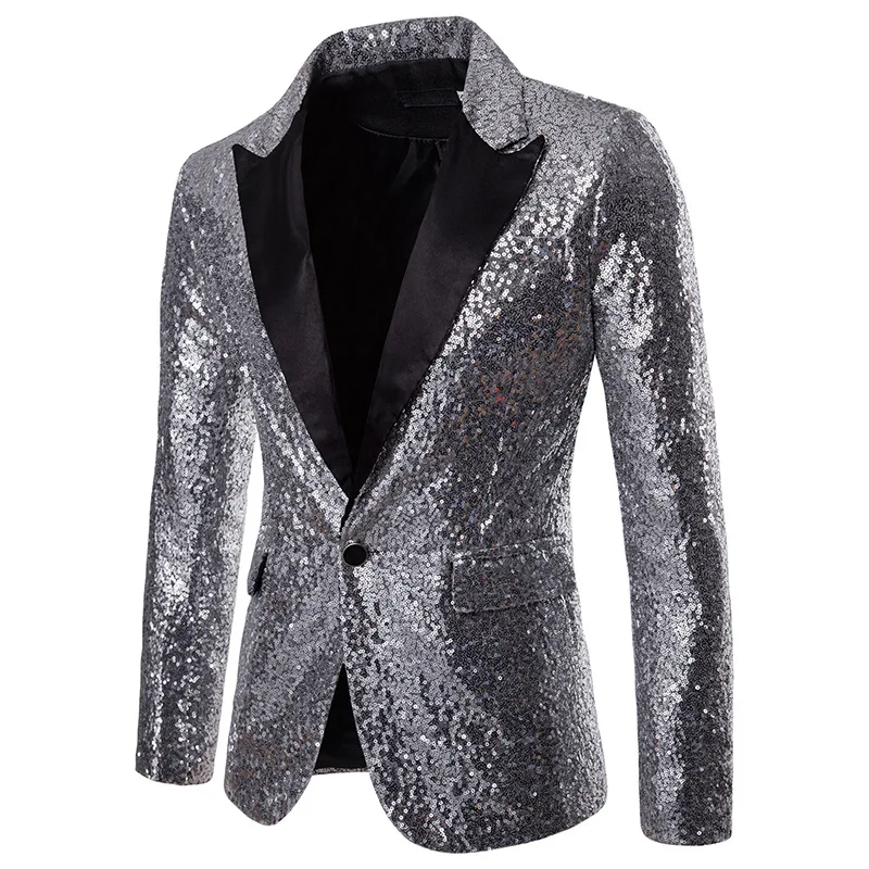 Sequin Slim Solid Mens Blazer Jacket Full Sleeve Business Office Casual Men Notched Red Black Gray Masculino | Мужская одежда