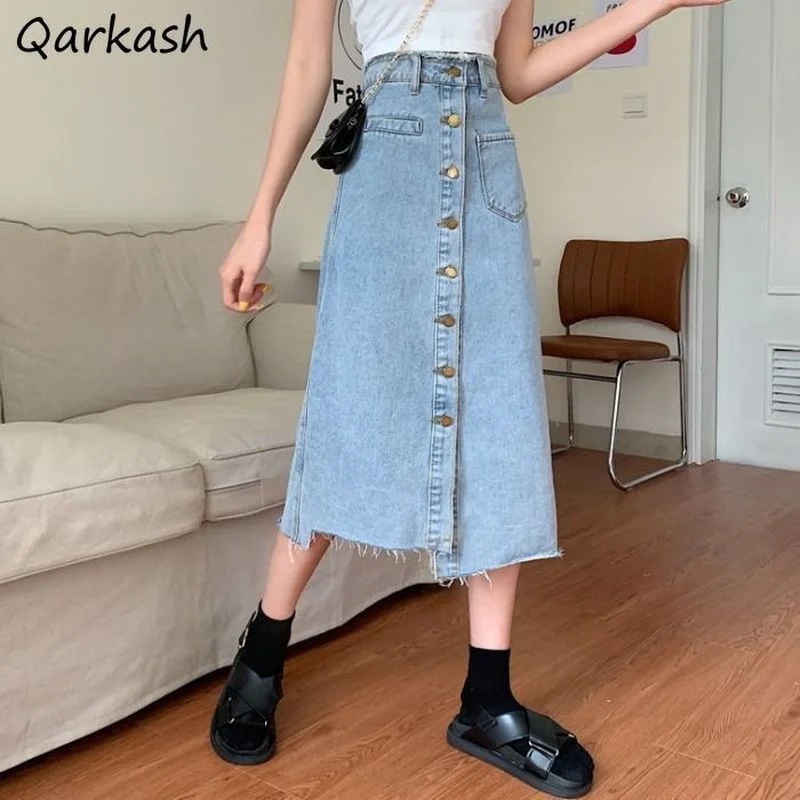 

Юбка женская джинсовая Асимметричная, однотонная дизайнерская винтажная юбка из денима на пуговицах, с завышенной талией и карманами, в сти...