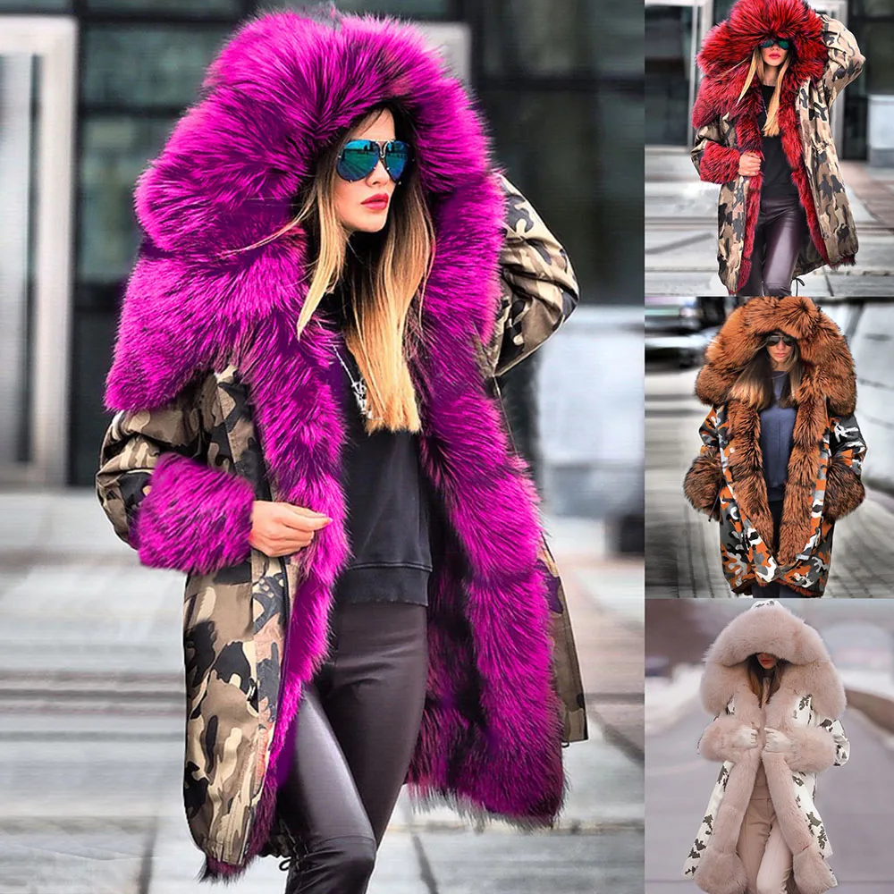 Women's Winter New Long Coat Fashion Faux Leather Faux Fur Collar Warm Soft Hooded Windproof Thick Korean Parka Coat