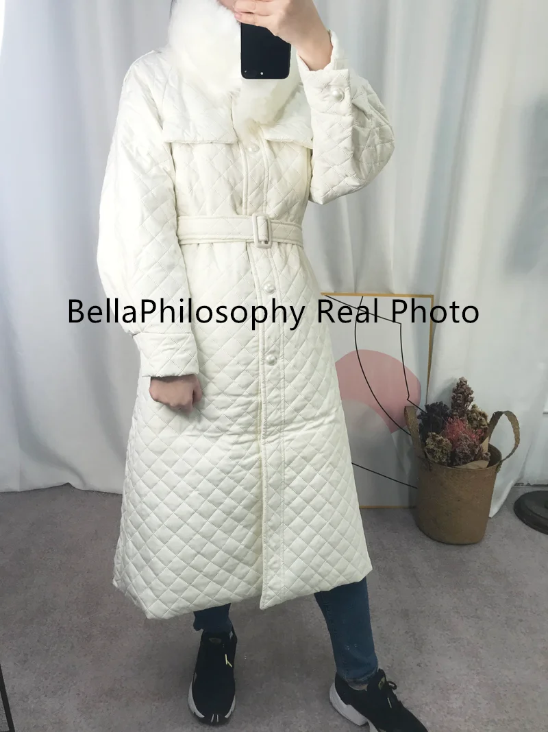 Женское Прямое пальто Bella Philosophy длинное клетчатое с ромбовидным узором поясом и