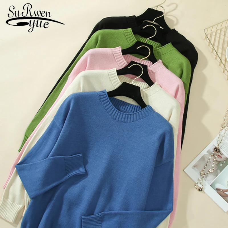 

Свитер женский хлопковый, плотный, однотонный, с круглым вырезом, с длинными рукавами, для зимы, 7331, 50