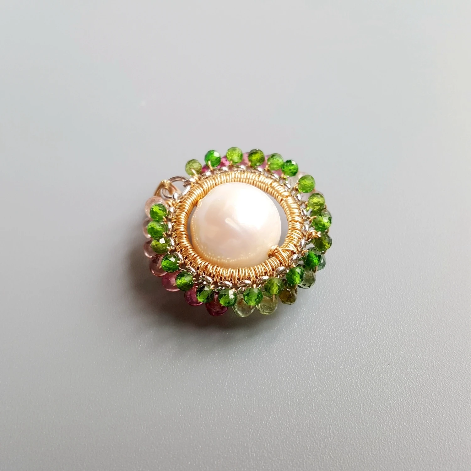 LiiJi Unique Genuine Stone Tourmalines Diopsides Pearl Pendant S925 Sterling Silver Planet Series Handmade Double Color Pendant