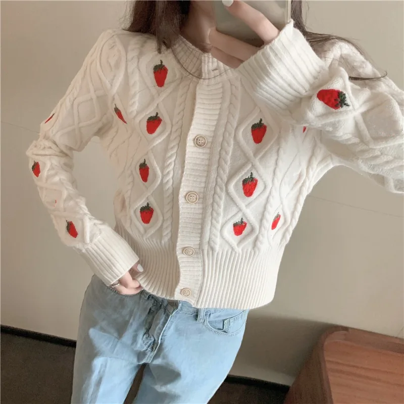 

Вязаный винтажный кардиган, Новинка осени 2021, свитер, женская Свободная верхняя одежда в виде клубники, короткий свитер, топ, белый кардиган,...