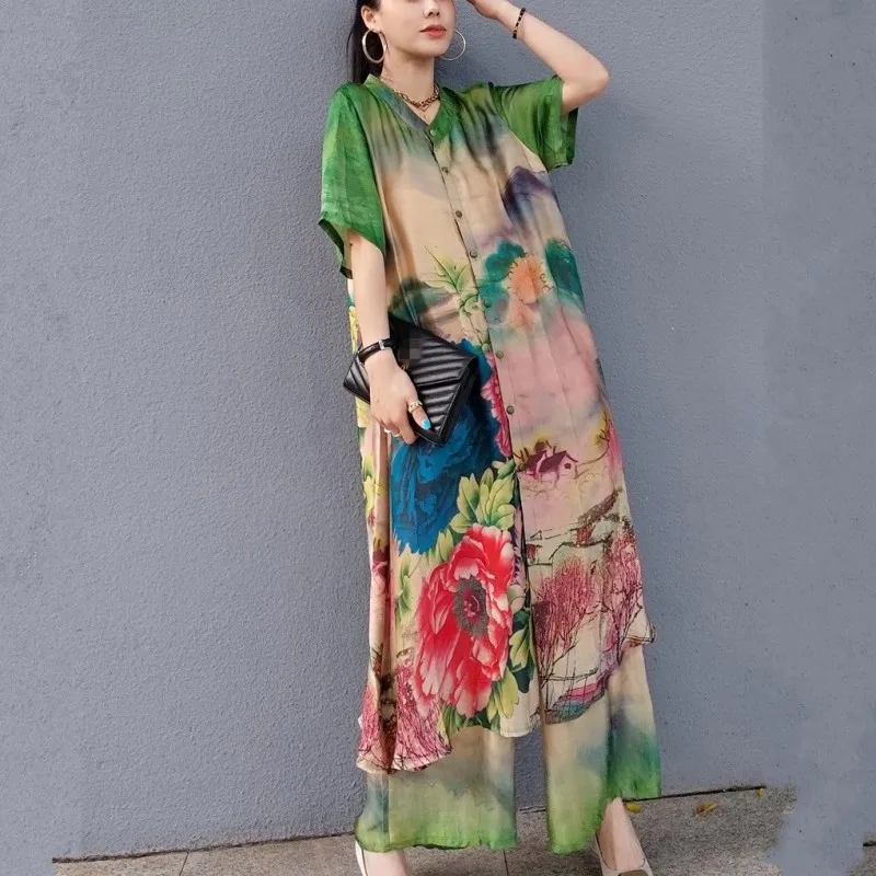 

Women Short Sleeve Shirt Dress Elastic High Waist Wide Leg Pants Vintage Printed Two Piece Outfits Female Summer Matching Sets