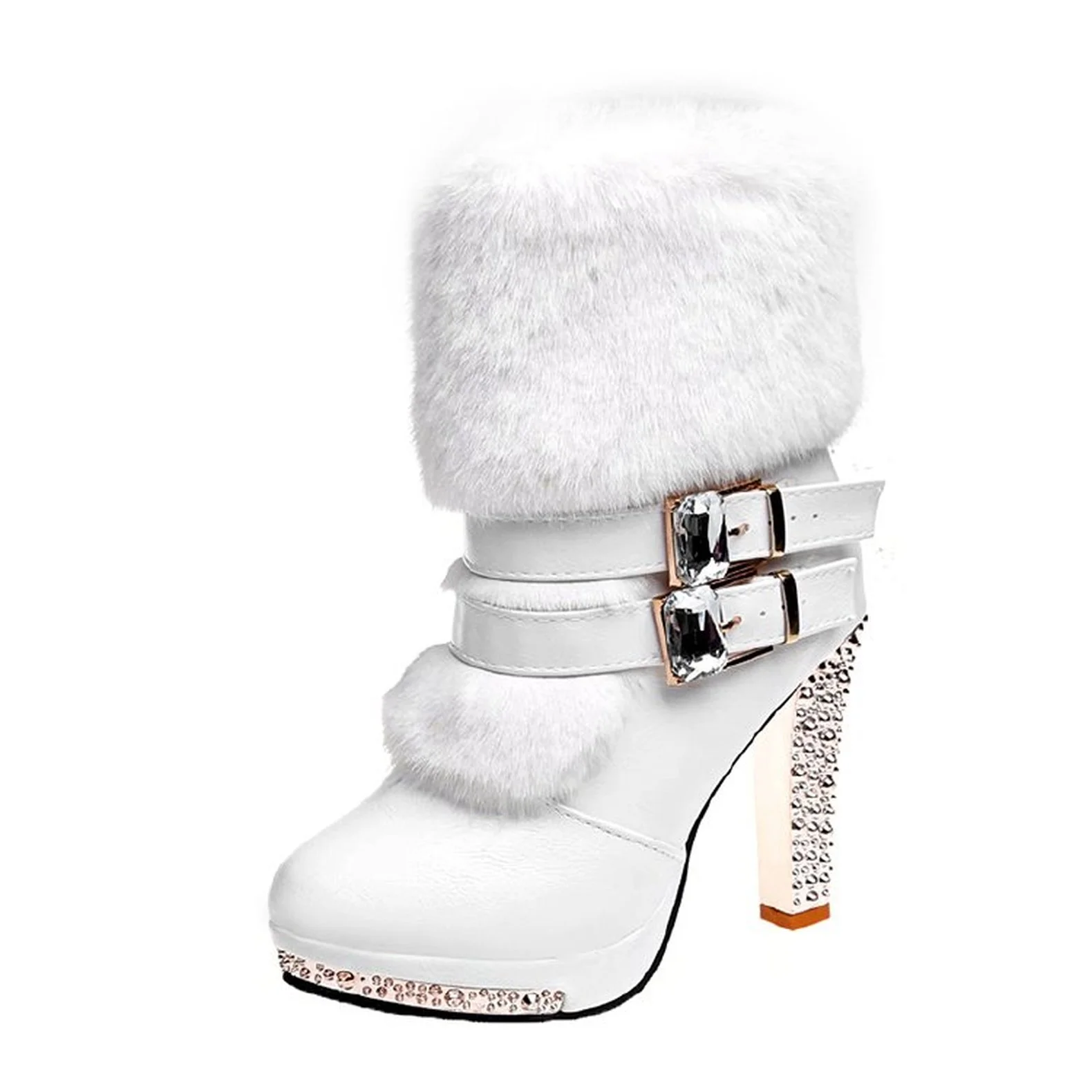 

2021 women cute sweet high quality white Fluff leather high heel boots lady casual autumn & winter warm boots Botas De Mujer