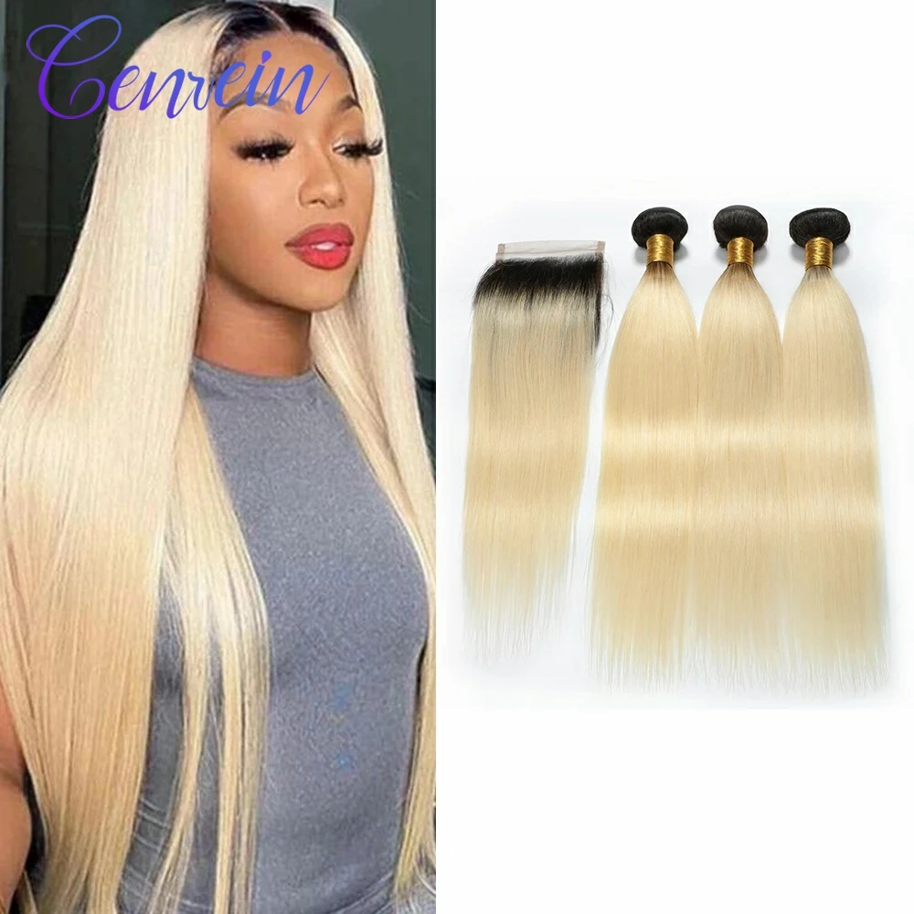 

Wonder Beauty 3Bundles with Closure 2Tone Dark Roots 1B/613 Ombre Blonde Peruvian Straight Remy Human Hair Bundles with Closure