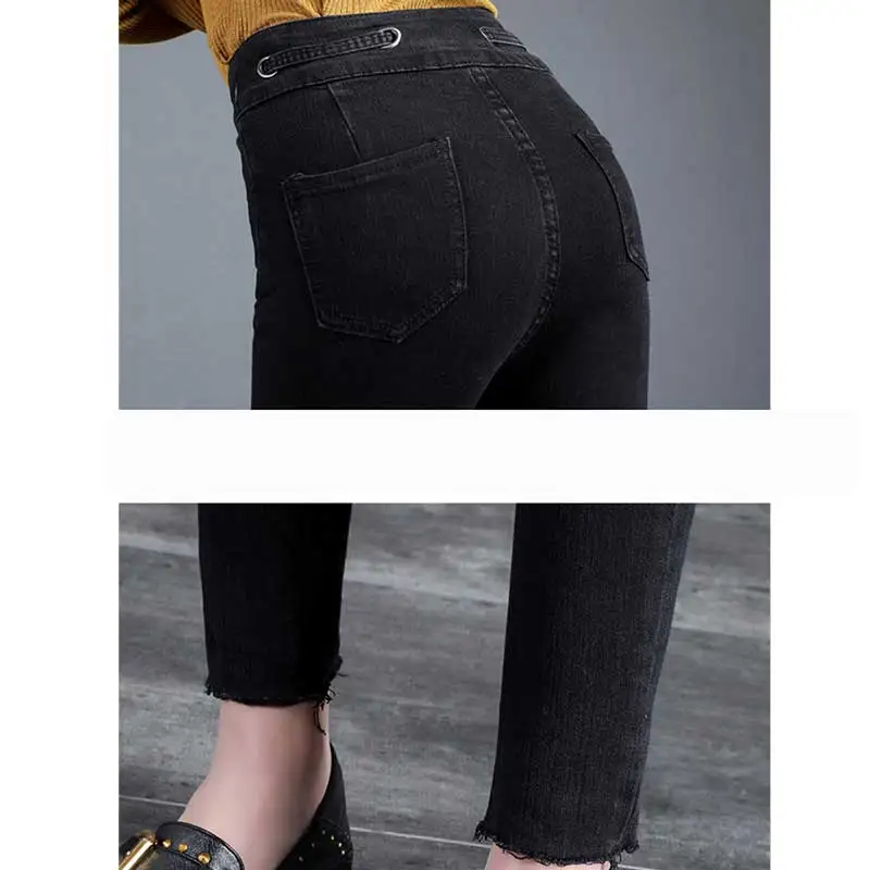 Черные джинсы с высокой талией Новинка осени 2019 женские облегающие двубортные