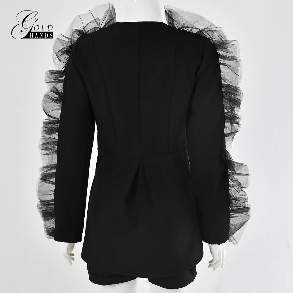 Gold Hands 2019 New Women Deep V-Neck Mesh Spliced Sexy Blazer and Shorts Set Long Sleeve Autumn Two Piece Casual Free Ship | Женская