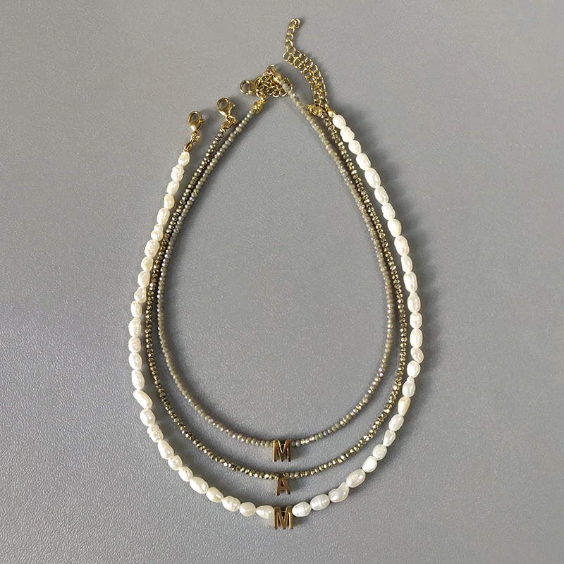 Handmade Custom Stainless Steel Letter Pendant Necklace Natural Freshwater Pearl Crystal Beads Choker Fashion Classic Unique