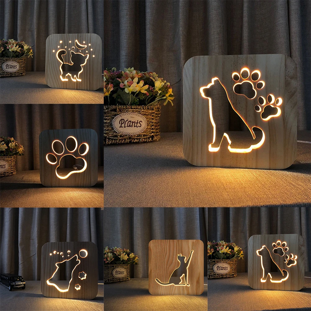 

LED Creative USB Night Light Wooden Dog Paw Wolf Head Lamp Kids Bedroom Decoration Warm Light Table Lamp Desk Lamp Gift Lamps