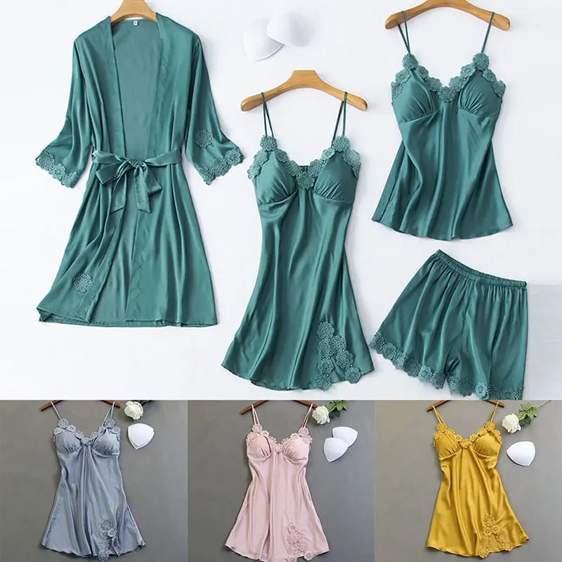 

Women Pajamas 5 Pieces Satin Sleepwear Pijama Silk Home Wear Home Clothing Embroidery Sleep Lounge Pyjama with Chest Pads