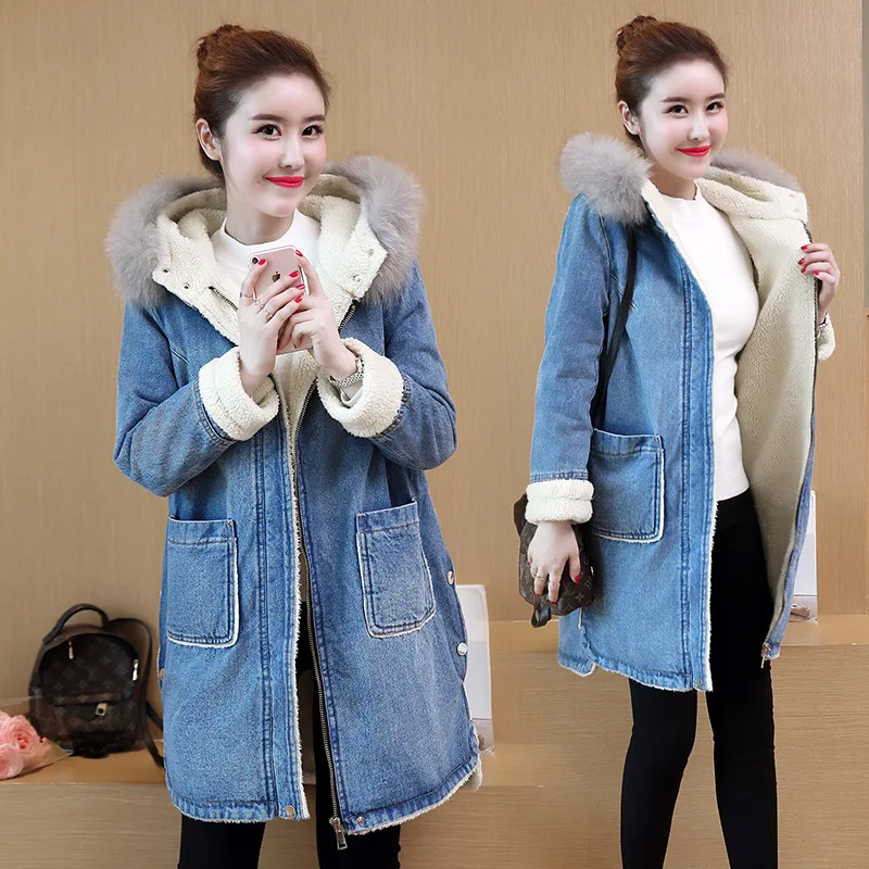 Женская зимняя длинная джинсовая куртка из овечьей шерсти парка с капюшоном и
