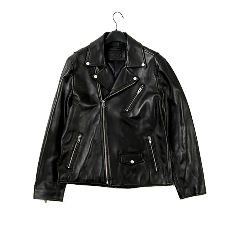 

The new autumn/winter leisure young black real leather coat leather motorcycle suit coat lapels boyfriend