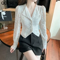 qoerlin high quality jacquard hollow out lace blouse turn down irregular shirts elegant french white shirts short cropped tops