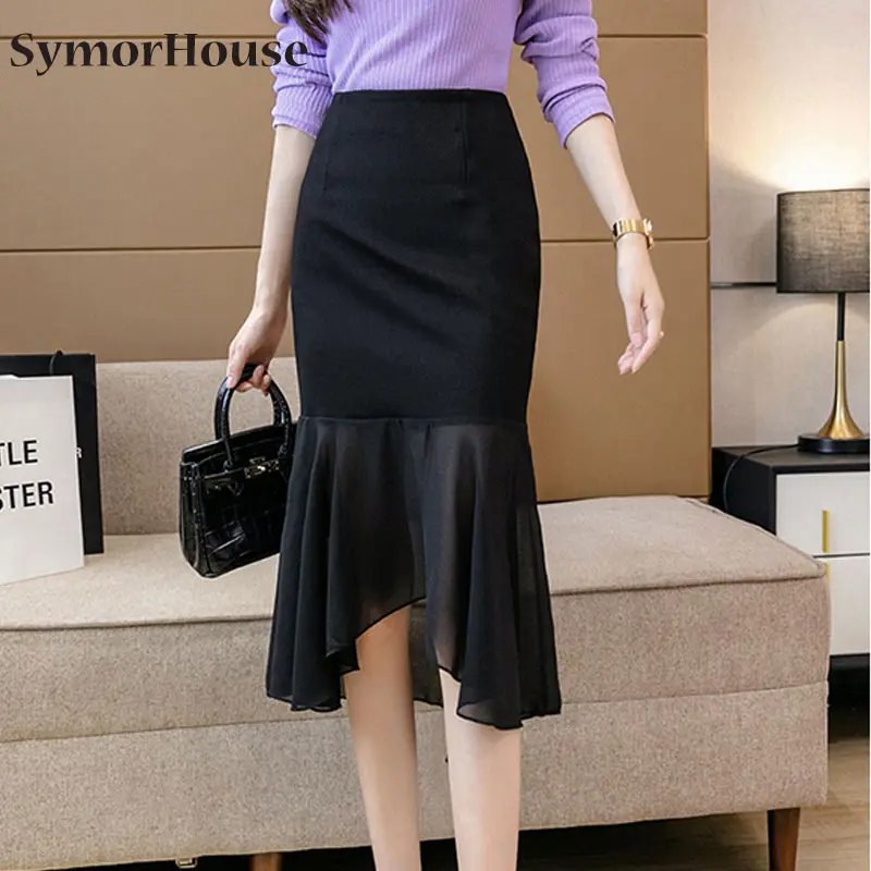 

Plus Size Womens Black Pencil Skirt 2021 Casual High Waist Irregular Skirt Korean Office Women Sexy Midi Mermaid Skirts
