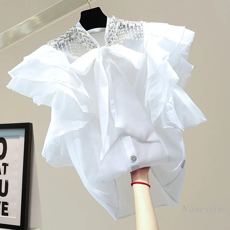 À volants Perles Paillettes Sans Manches Chemise Femmes 2021 Haut d'été Style Coréen Minceur Diamant Arc Soleil Protection Blouse Blusa