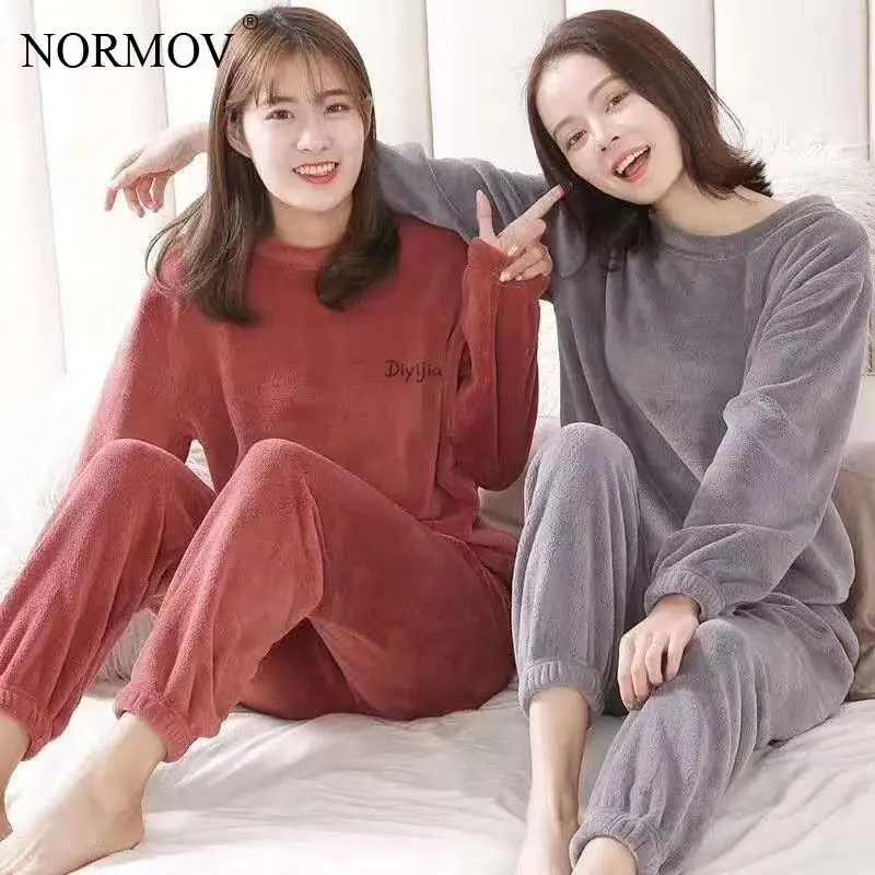 

NORMOV Winter Warm Sets Women With Velvet Thick Flannel Sets Loose External Wear Home Clothing Warm Suits Women