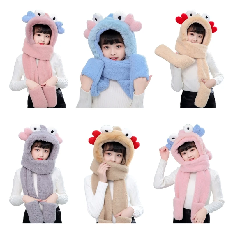 

Kids Winter Warm 3 In 1 Faux Fleece Hooded Scarf Hat Gloves Set Cute 3D Crab Ears Legs Thermal Earflap Cap Neck Warmer