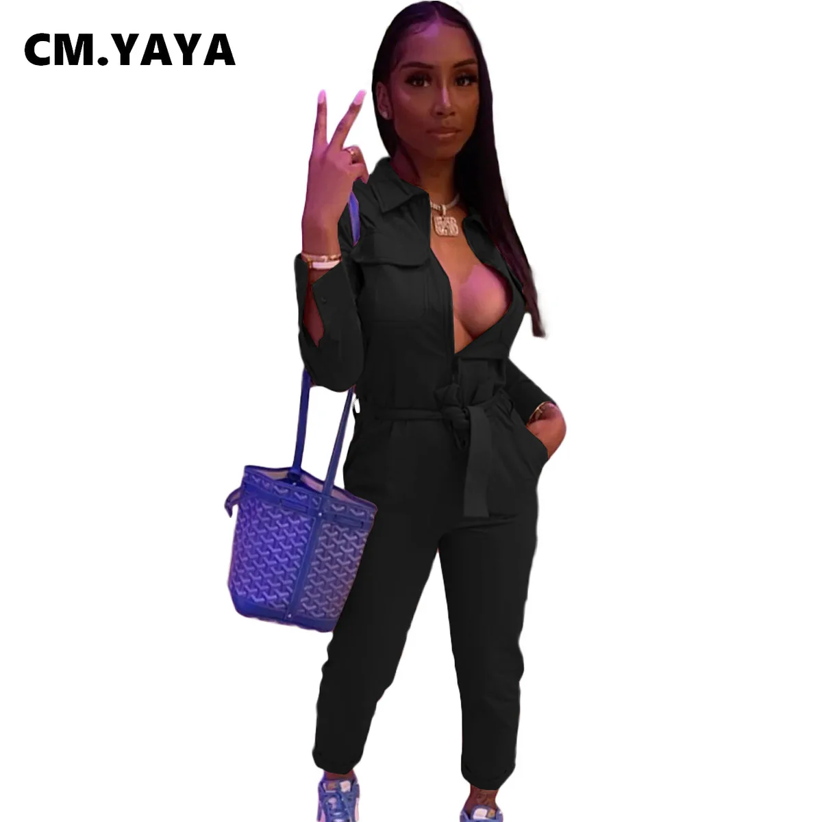

CM.YAYA Women Jumpsuit Solid Full Sleeve Turn-down Collar Bandage Sashes Pencil Jumpsuits Fashion One Piece Overalls Autumn 2021