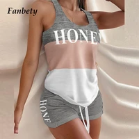 women fashion sexy patchwork letter print sleeveless two piece suit summer casual loose top and drawstring waist shorts suits
