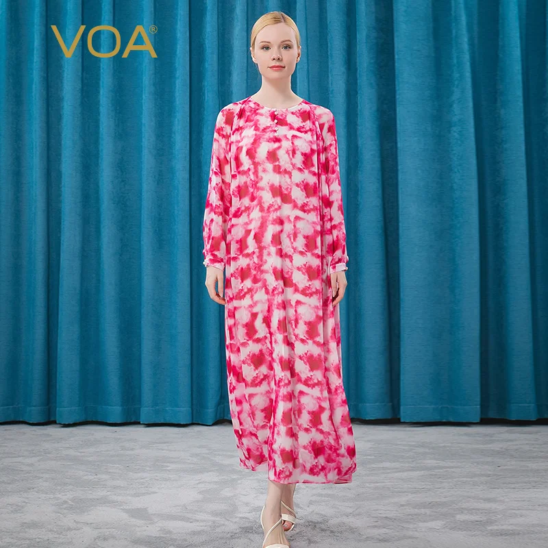 

Женское шелковое платье с длинными рукавами VOA, красное и белое платье с принтом в виде облаков, длинное платье с длинными рукавами и бусинам...