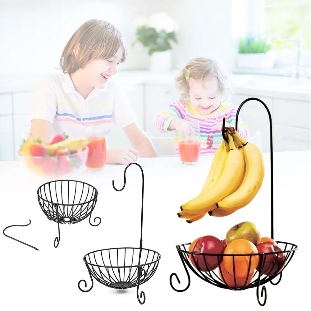 Practical Metal Fruit Basket Detachable Banana Hanger Storage Organizer 2 in 1 Hook Tree With Bowl Stand | Дом и сад