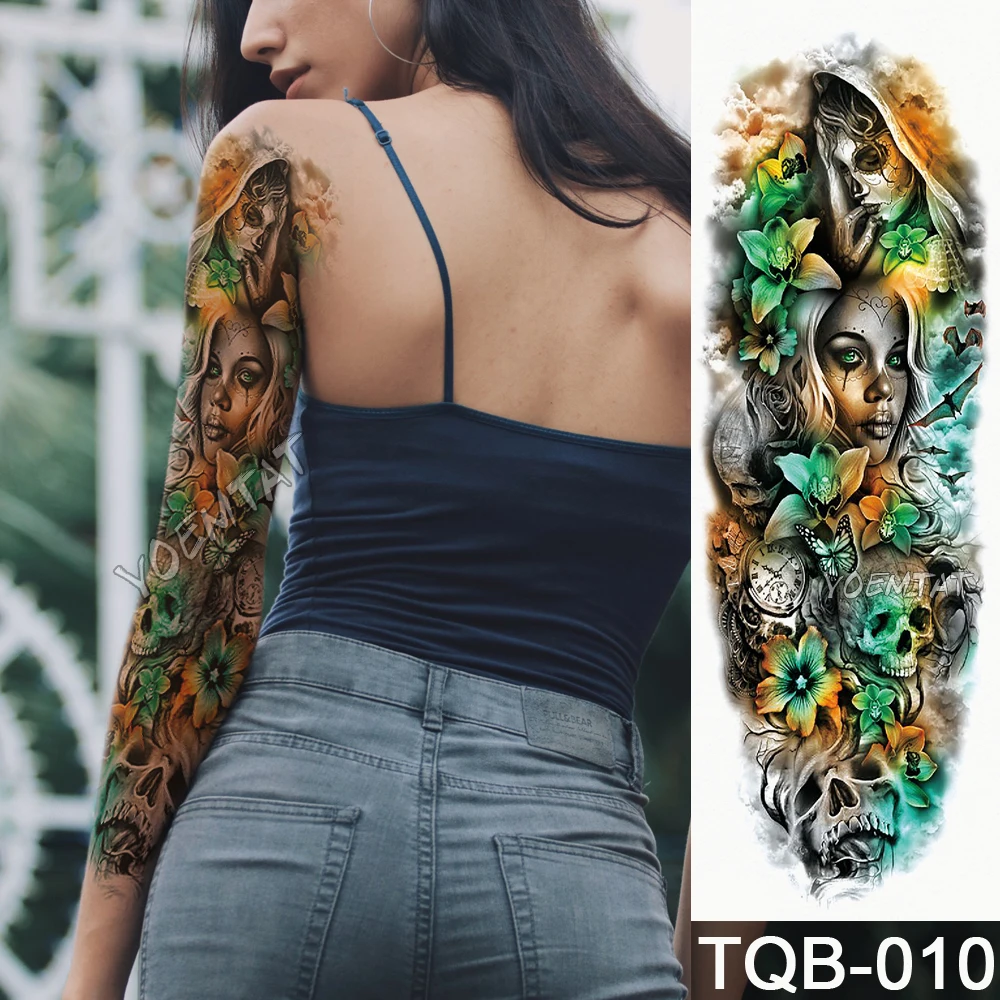 

5 Pieces Full Arm Temporary Tattoo Wholesale Yellow Green Skull Roses Waterproof Tatoo Sticker Arm Body Art Sleeve Fake Tattoo
