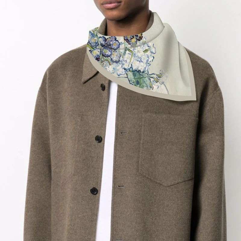 

2022 саржевый шелковый шарф, ваза, повязка на голову для женщин 53*53 см, картина маслом, Женская фотография, праздничный подарок для женщин