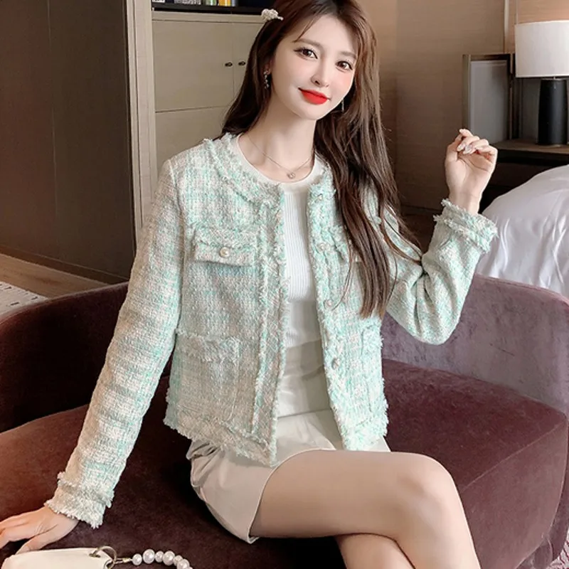 

2021 Autumn Winter Fashion Runway Tweed Jacket Coat Women Fringed Trim O-Neck Long Sleeves Casual Outerwear