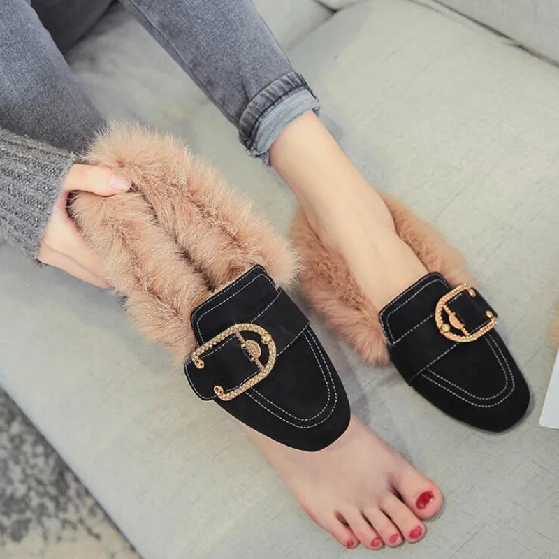 Обувь черного цвета из флока на плоской подошве с мехом Сезон осень зима Женские