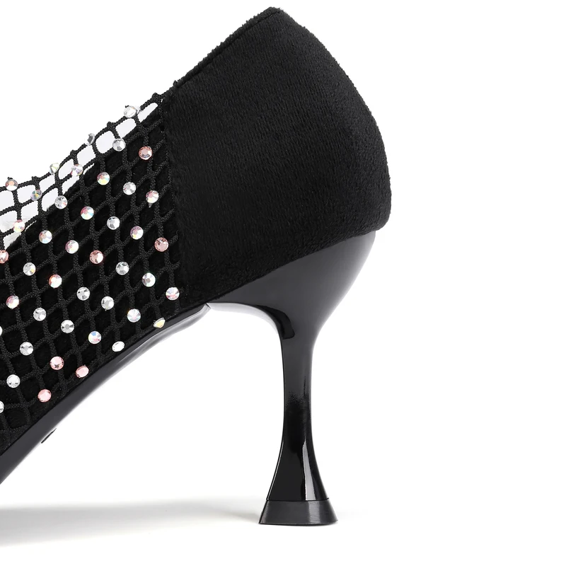 Женские модные туфли на высоком каблуке украшенные сеткой дышащие черные