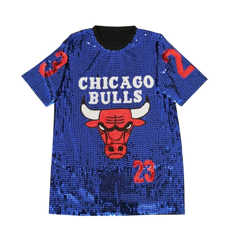 

Chic Ins Europe Casual Loose Women Sequined Bullish T-Shirt Chinese Year Festival Celebrity Couture Fashion Bull Lady Dress Tee