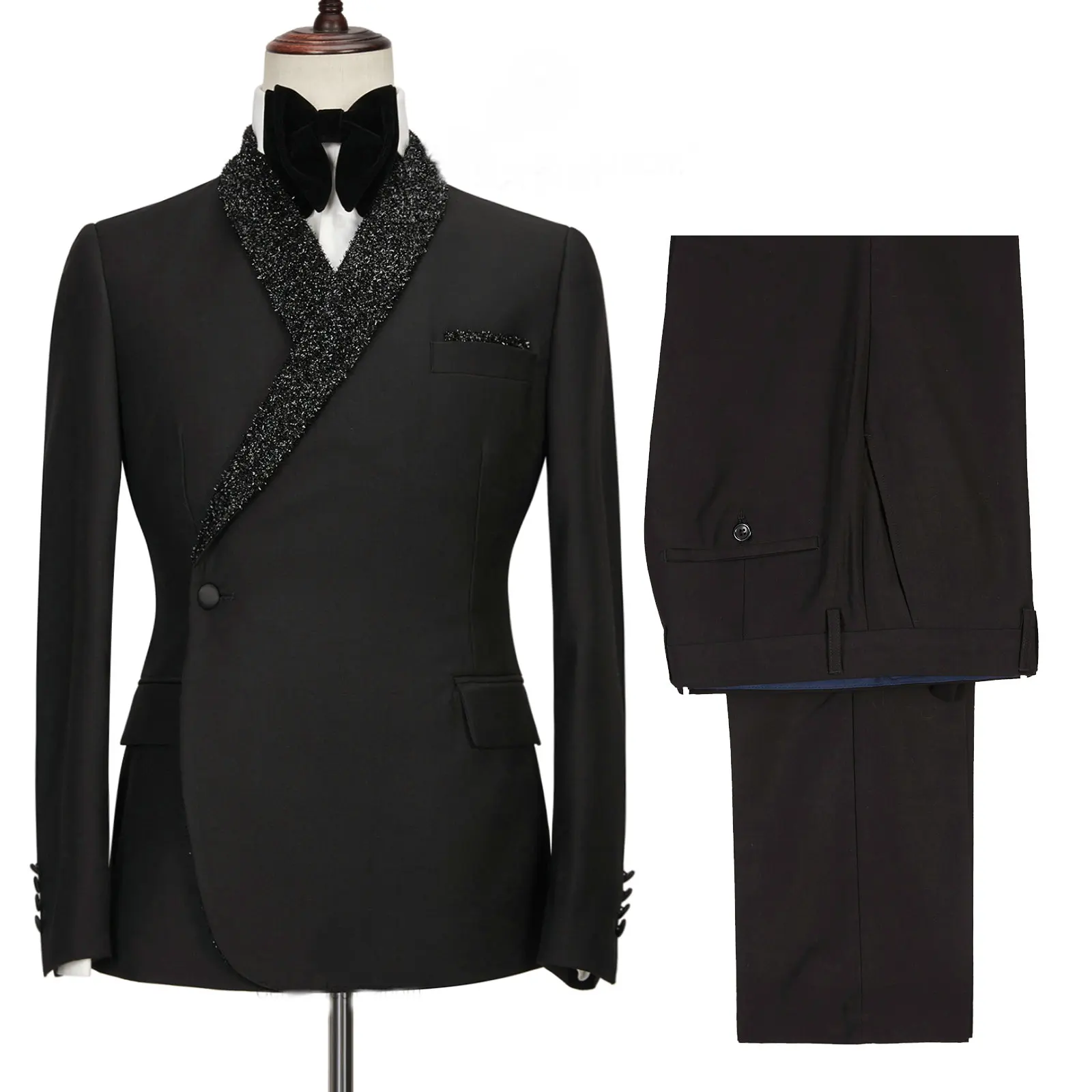 

2021 Men's 2 Pieces Suits Shawl Lapel Black Double Breasted Regular Fit Prom Tuxedos For Wedding Party Best Man Blazer Pants