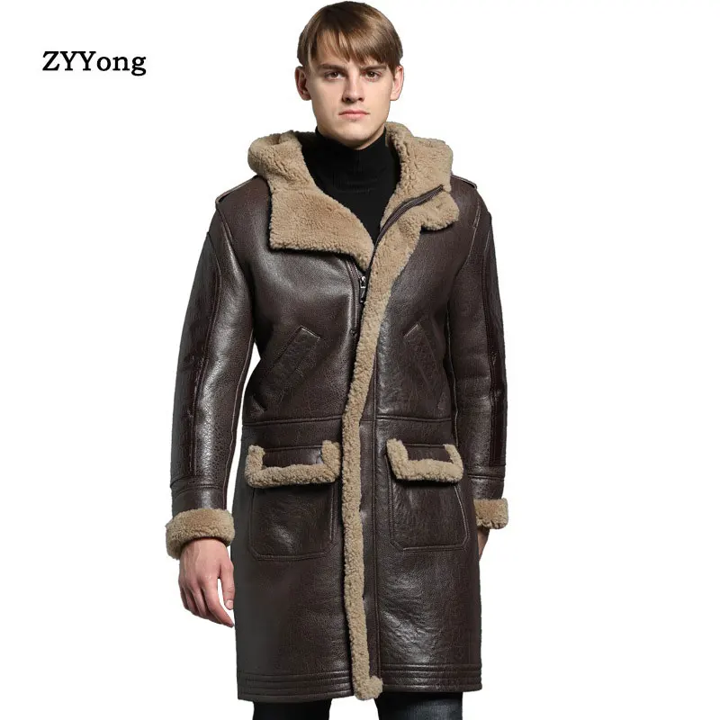 

2020 Winter Warm Leather Jacket Men Long Section Sheepskin Coats Solid Color Zipper Brown Fashion Leisure Thick Casaco M-XXXXL