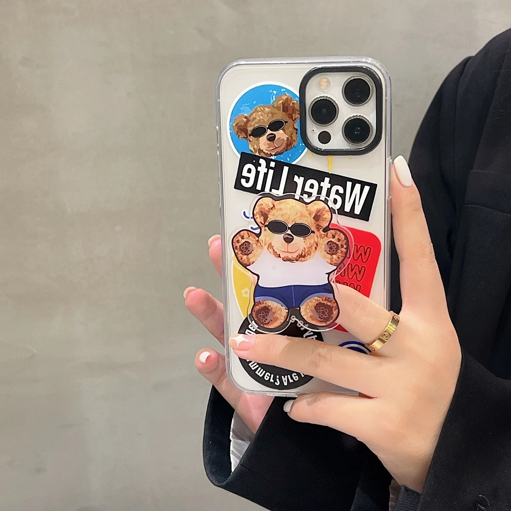 

Cute Cartoon 3D Sunglasses Bear Holder Stand Case For iPhone 12 13 Mini 11 Pro XS Max X XR 7 8 Plus SE 2 Transparent Soft Cover