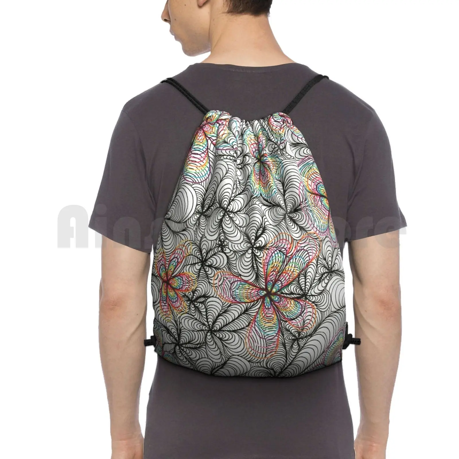 

Abstract Flowers Backpack Drawstring Bags Gym Bag Waterproof Trippy Hipster Band Neon Abstract Hand Drawn Rainbow Red