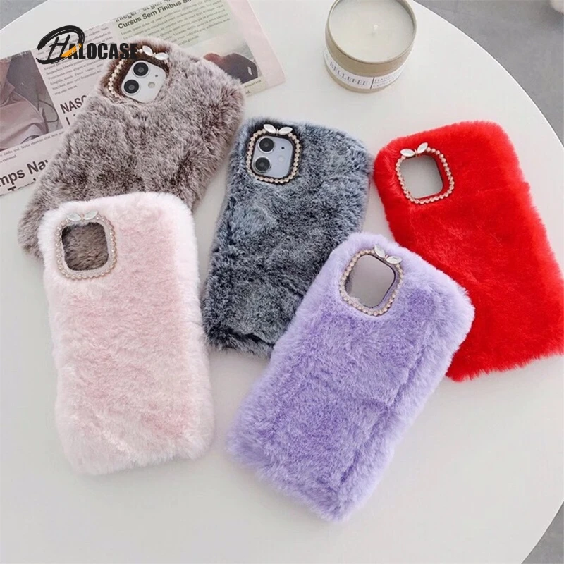 

Winter Fluffy Plush Phone Case For iPhone 11 Pro Max XS Max 12 Mini XR X 6 6s 7 8 Plus SE 2020 Cute Candy Color Warm Back Cover