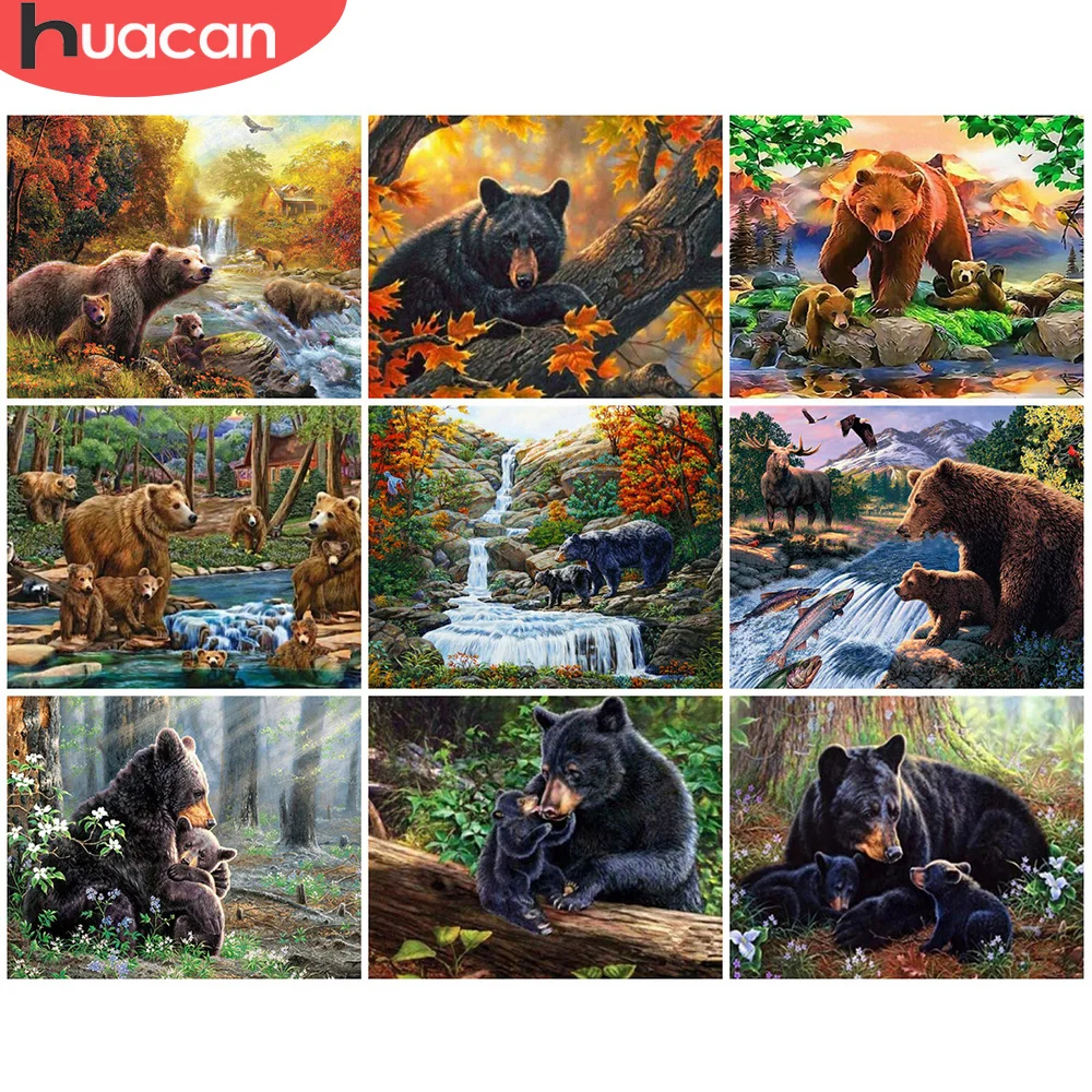 

HUACAN картинки по номеру медведь животное на холсте расписанный вручную набор картина маслом по номерам лес украшение дома подарок 60х75см