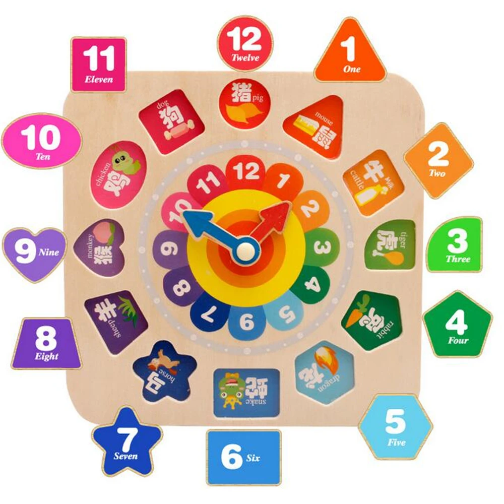 

Cartoon Animal Educational Wooden Beaded Jigsaw Geometry Digital Clock Puzzle Gadgets Matching Clock Toy Montessori For Children