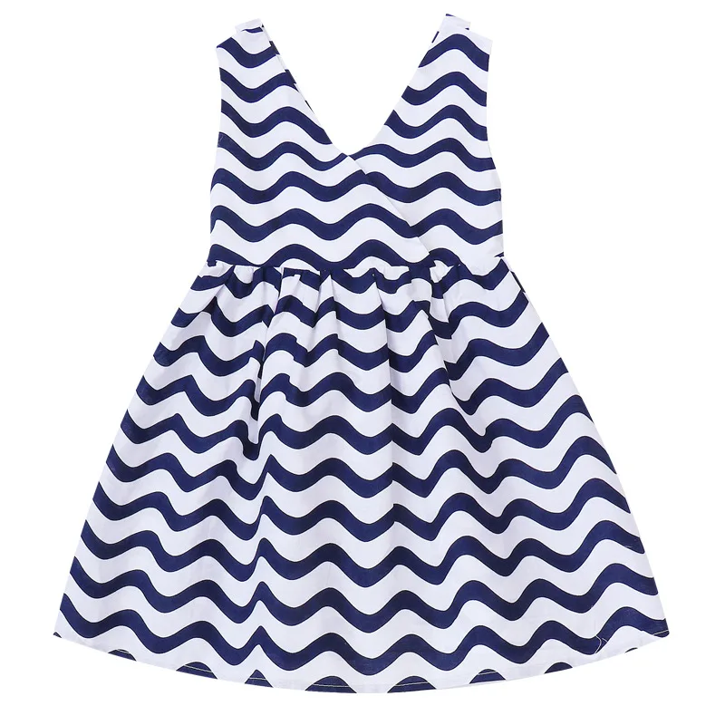 

2020New Wavy Print Tank Dress Girls Kids Princess Dress children Summer Girls Clothes V-Neck Sleeveless navy blue 3-12Years Old