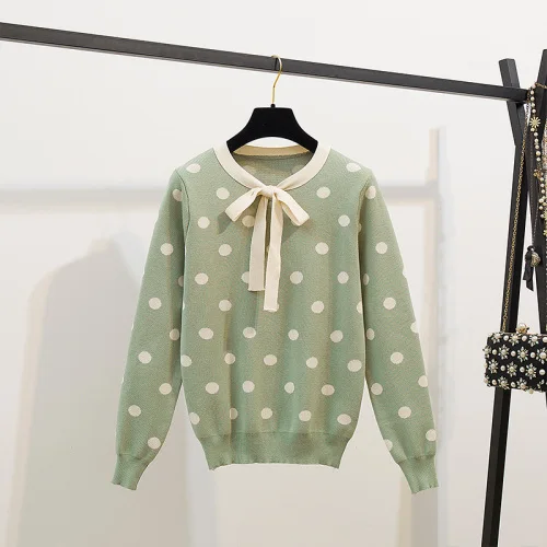 Sweaters Осенний Женский вязаный топ с длинными рукавами и бантом, свитер в горошек+ юбка из искусственной кожи, комплект из 2 предметов, модные костюмы - Color: Sweaters