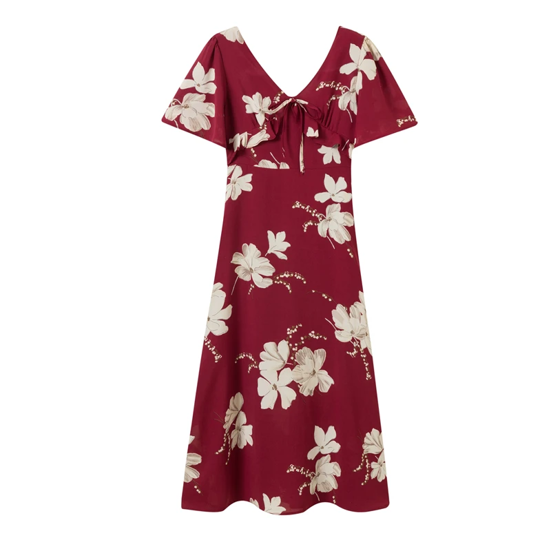 

Uulutonica Summer Women Elegant Fashion A-line Print Short Bow Mid-calf Flying Sleeve Dropped V-neck Dess