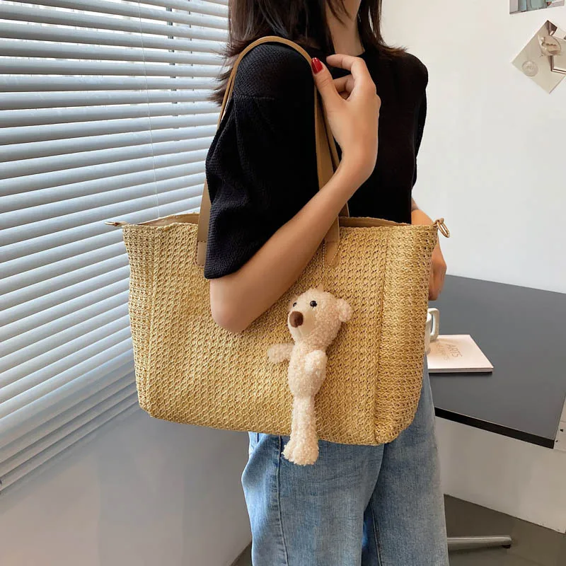 Fashion straw woven large capacity tote bag beach trendy single shoulder bag