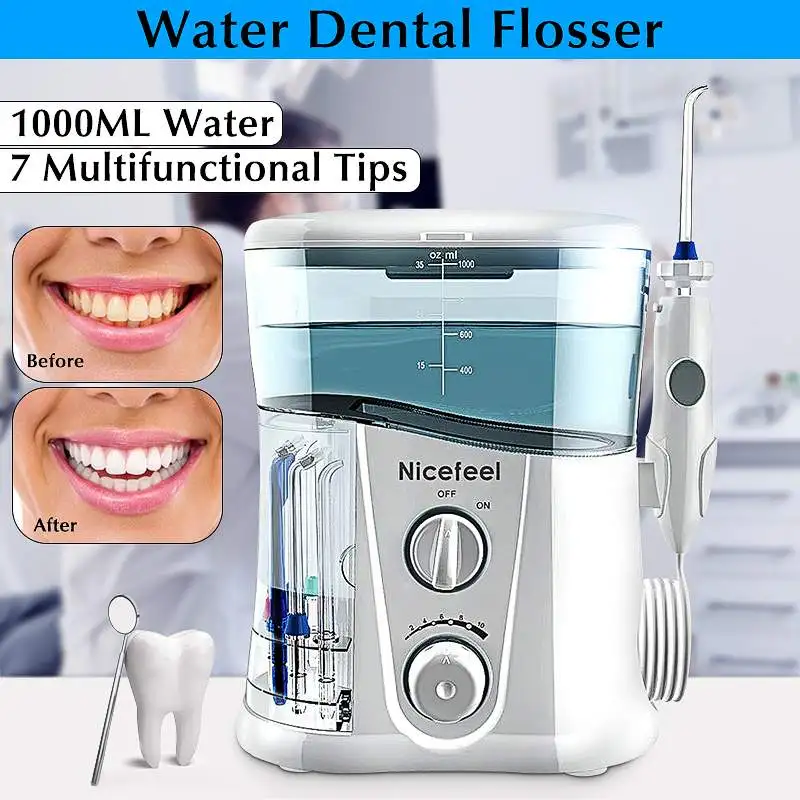 

Nicefeel 1000ml Electric Oral Irrigator Teeth Cleaner Care Dental Flosser SPA Water Flosser Toothbrush + 7 Pcs Jet Tips