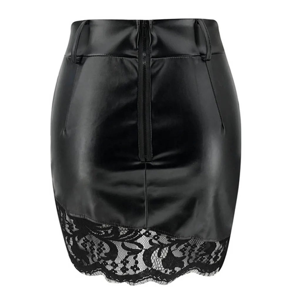 Autumn Winter New Fashion Sexy &amp Club PU Leather Skirt Women Black Mini Pencil High Waist Lace hot | Женская одежда