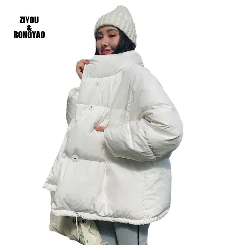 

Куртка женская зимняя, с воротником-стойкой, однотонная, черная, белая, пуховая, свободная, большого размера, короткая парка, 2020