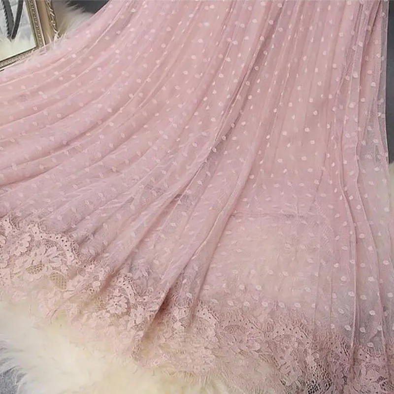

2021 Summer Women Long Skirt High Waist Hem Lace Stitching Mesh Skirts Pink Jupe Femme Polka Dot Pleated Skirt Saia Midi Faldas